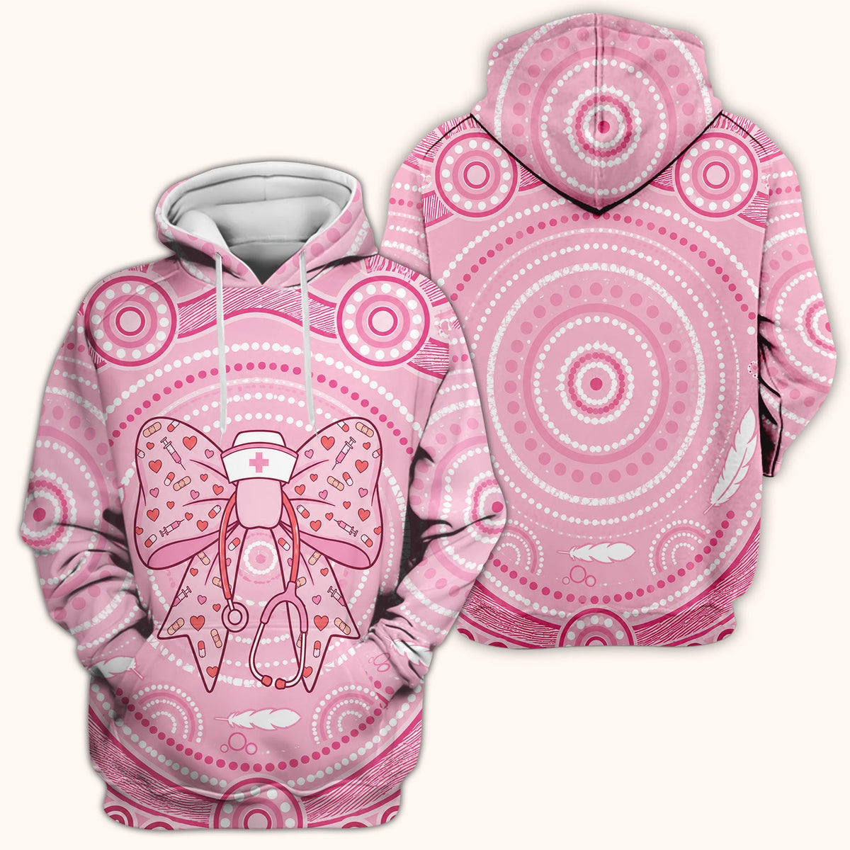 Pink Nurse Bow Stethoscope Pattern Scrub Top, Comfortable Scrubs for Nurses