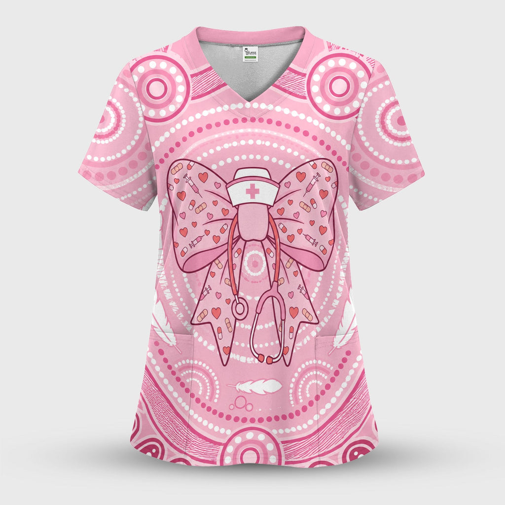 Pink Nurse Bow Stethoscope Pattern Scrub Top, Comfortable Scrubs for Nurses