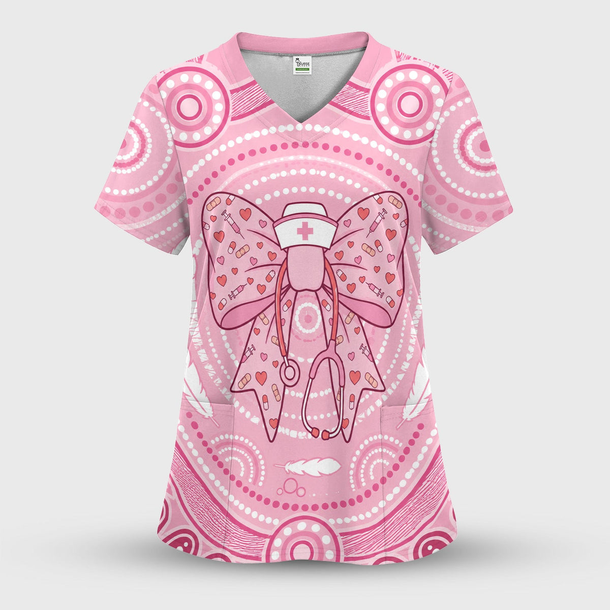 Pink Nurse Bow Stethoscope Pattern Scrub Top, Comfortable Scrubs for Nurses