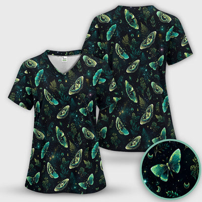 Mystical Moonlight Butterfly Garden Pattern Scrub Top, Comfortable Scrubs for Nurses