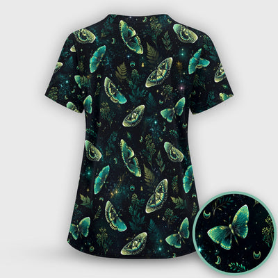 Mystical Moonlight Butterfly Garden Pattern Scrub Top, Comfortable Scrubs for Nurses