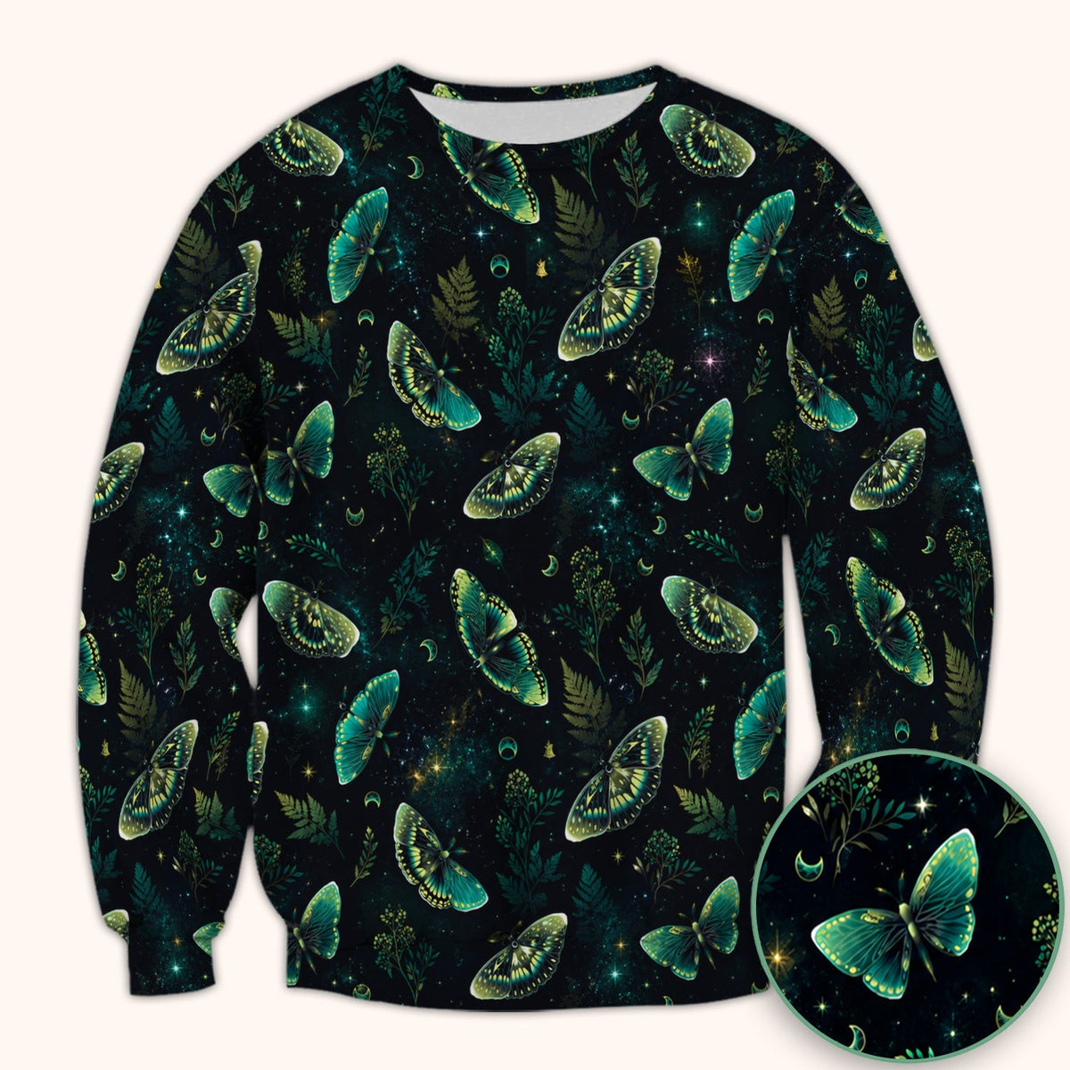 Mystical Moonlight Butterfly Garden Pattern Scrub Top, Comfortable Scrubs for Nurses