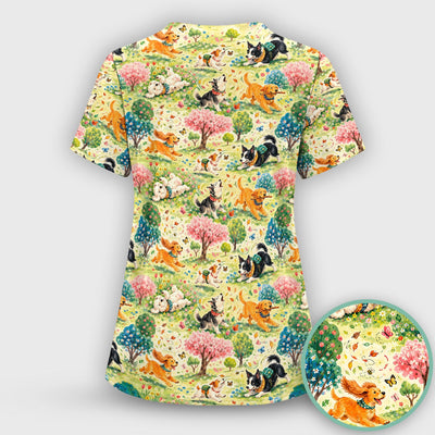 Playful Spring Garden Dogs Pattern Scrub Top, Comfortable Scrubs for Nurses