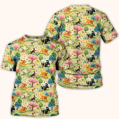 Playful Spring Garden Dogs Pattern Scrub Top, Comfortable Scrubs for Nurses