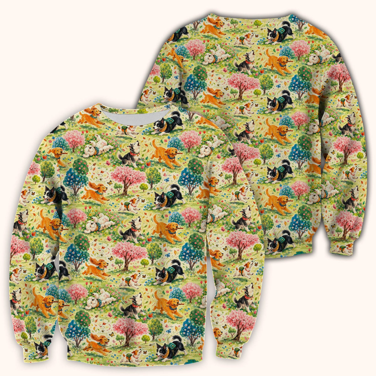 Playful Spring Garden Dogs Pattern Scrub Top, Comfortable Scrubs for Nurses