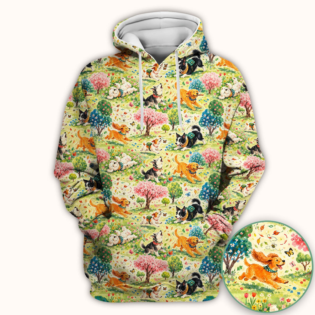 Playful Spring Garden Dogs Pattern Scrub Top, Comfortable Scrubs for Nurses