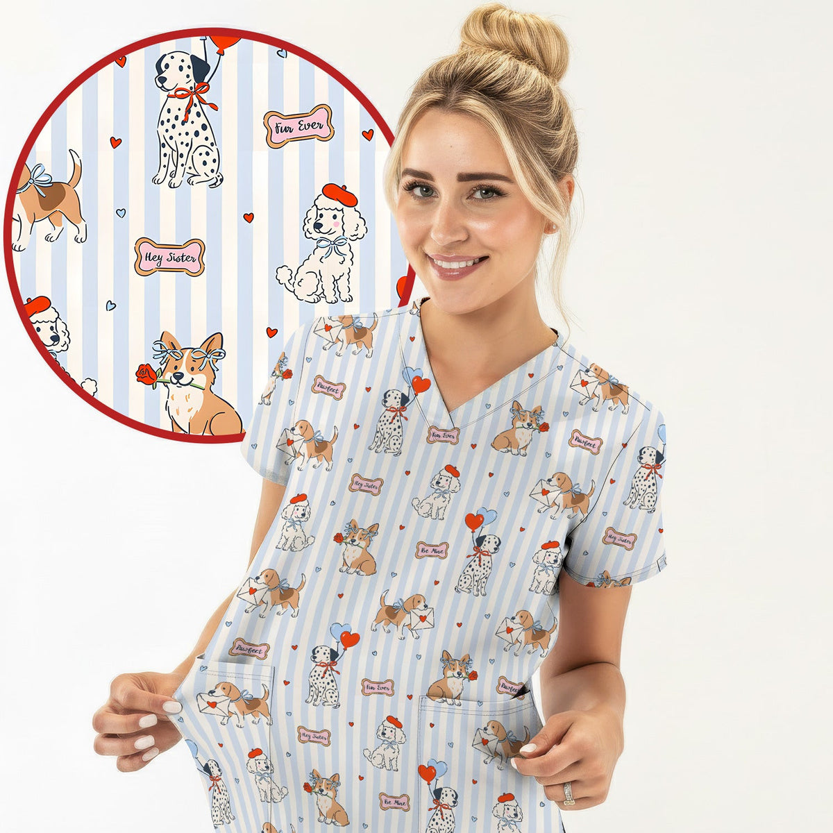 Valentine Puppy Heart Pattern Scrub Top, Comfortable Scrubs for Nurses