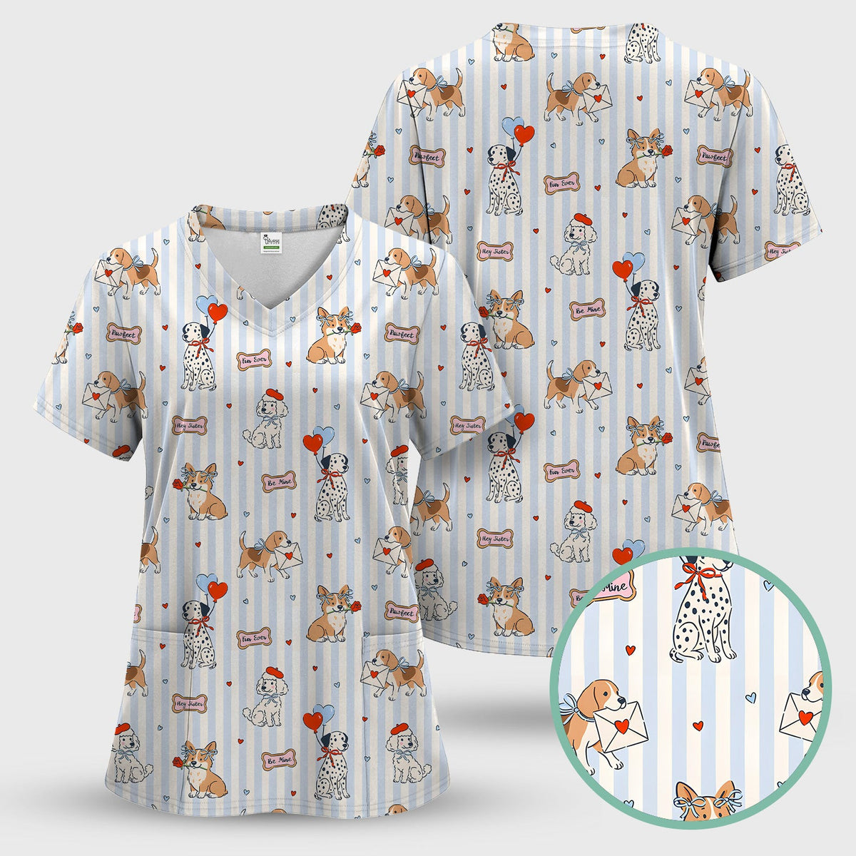 Valentine Puppy Heart Pattern Scrub Top, Comfortable Scrubs for Nurses