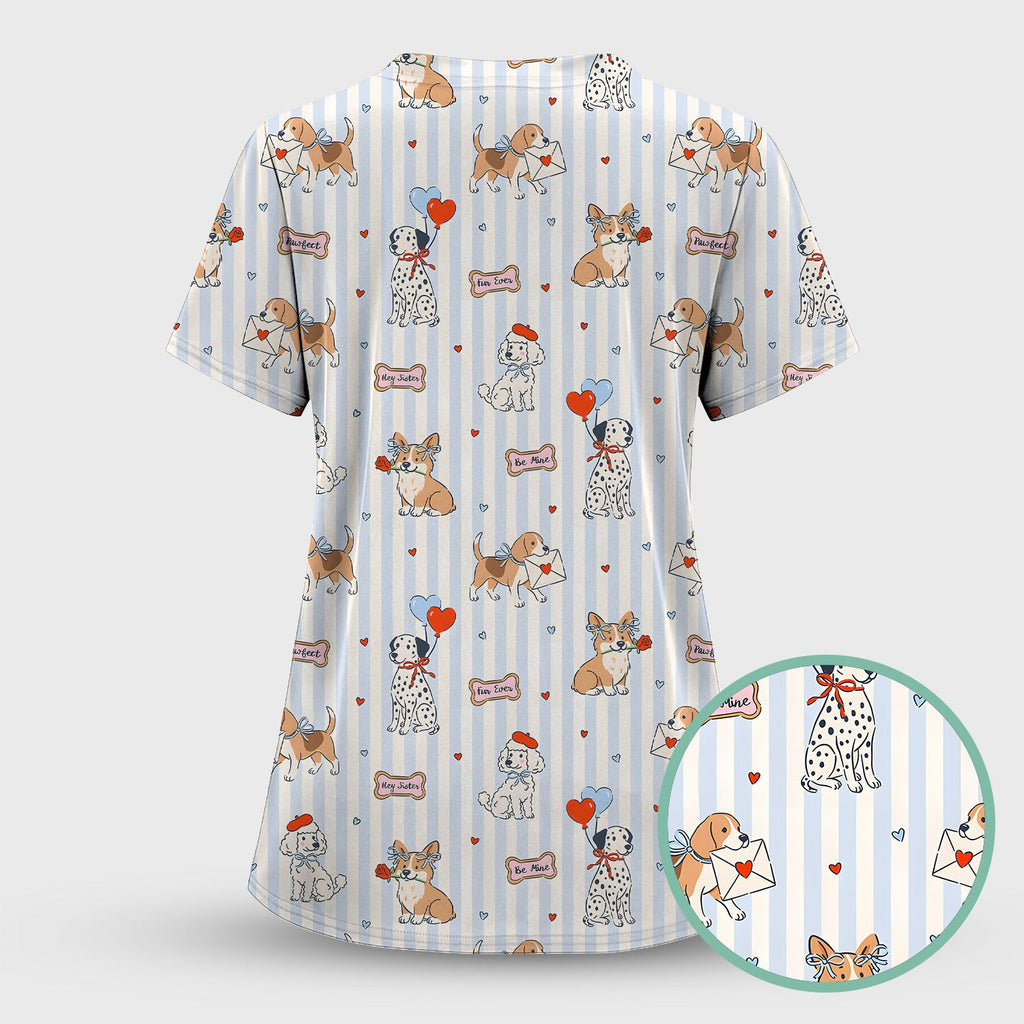 Valentine Puppy Heart Pattern Scrub Top, Comfortable Scrubs for Nurses