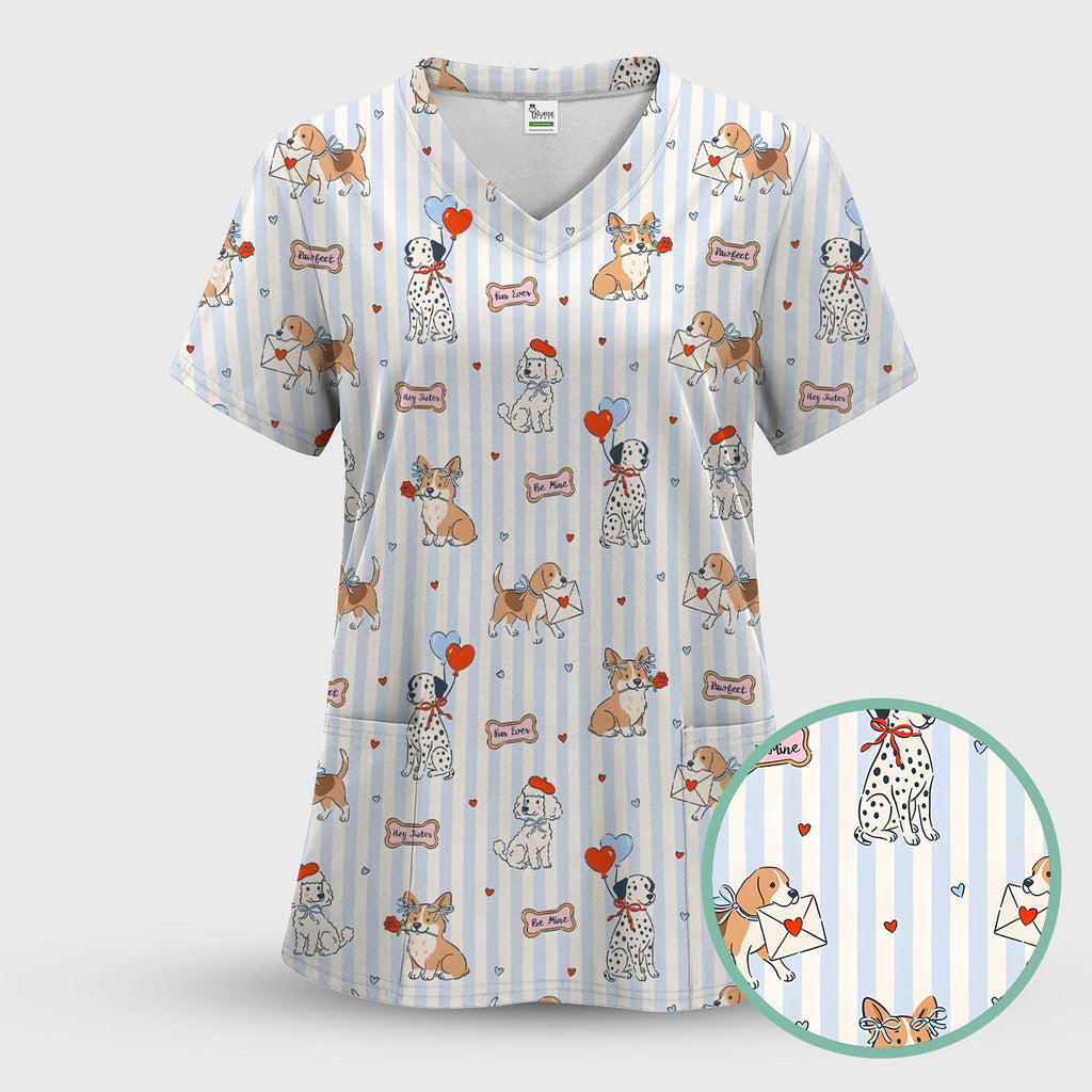 Valentine Puppy Heart Pattern Scrub Top, Comfortable Scrubs for Nurses