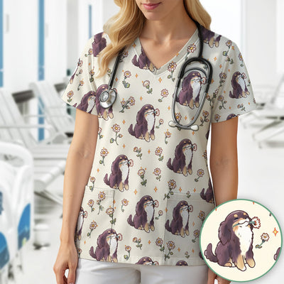 Cute Floral Otter Holding Daisy Pattern Scrub Top, Comfortable Scrubs for Nurses