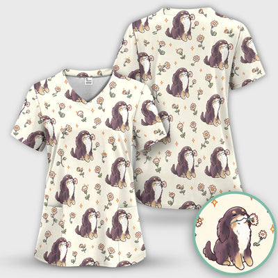 Cute Floral Otter Holding Daisy Pattern Scrub Top, Comfortable Scrubs for Nurses