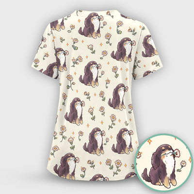 Cute Floral Otter Holding Daisy Pattern Scrub Top, Comfortable Scrubs for Nurses