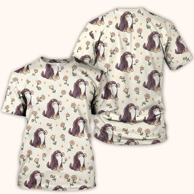 Cute Floral Otter Holding Daisy Pattern Scrub Top, Comfortable Scrubs for Nurses