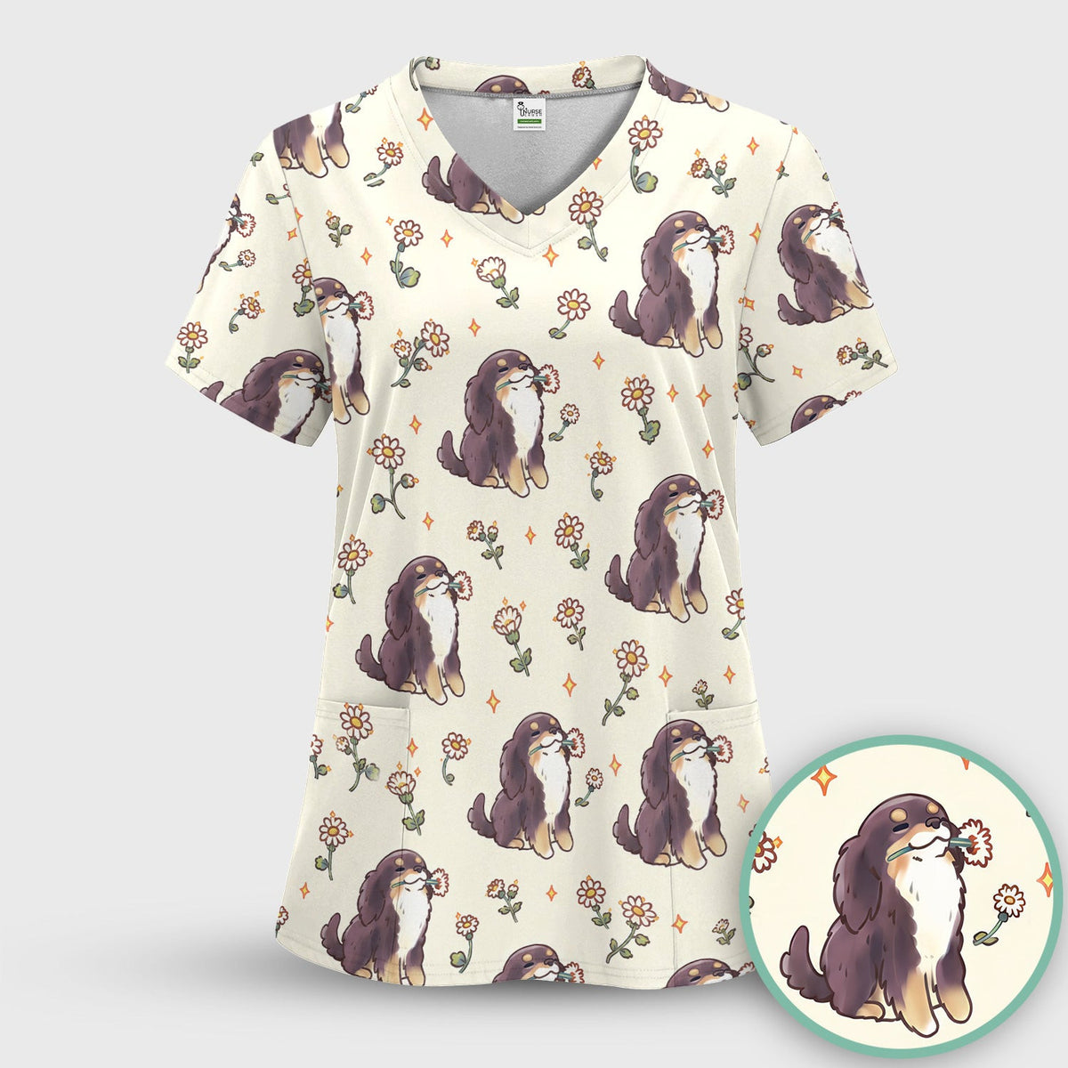 Cute Floral Otter Holding Daisy Pattern Scrub Top, Comfortable Scrubs for Nurses
