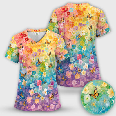 Rainbow Butterfly Floral Blossom Pattern Scrub Top, Comfortable Scrubs for Nurses