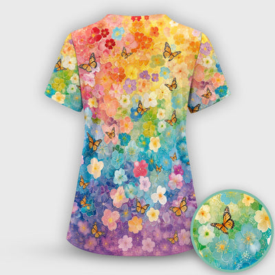Rainbow Butterfly Floral Blossom Pattern Scrub Top, Comfortable Scrubs for Nurses