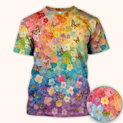Rainbow Butterfly Floral Blossom Pattern Scrub Top, Comfortable Scrubs for Nurses