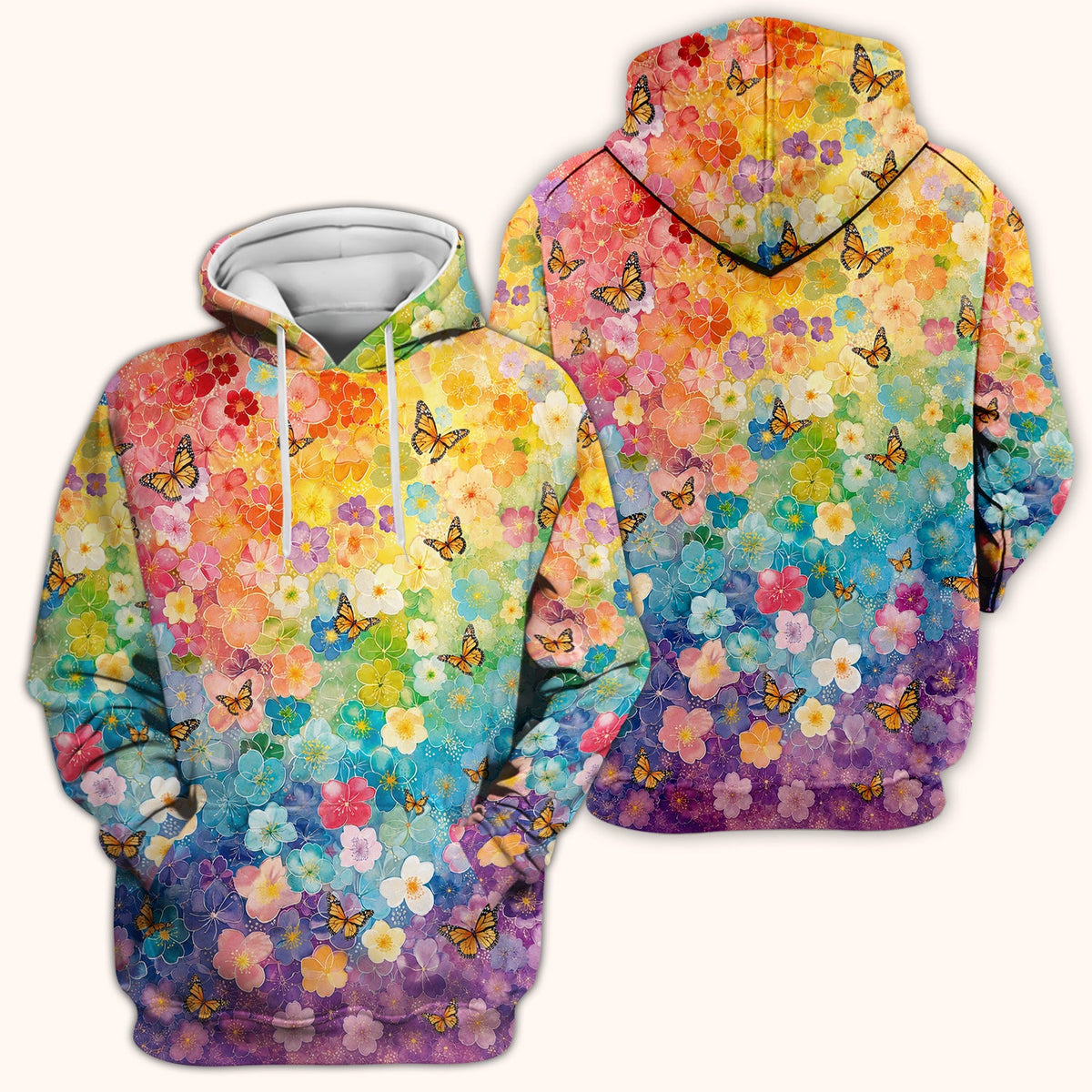 Rainbow Butterfly Floral Blossom Pattern Scrub Top, Comfortable Scrubs for Nurses