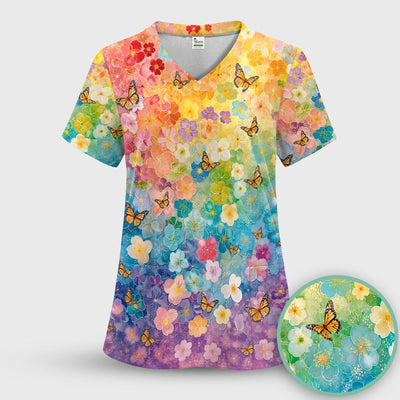 Rainbow Butterfly Floral Blossom Pattern Scrub Top, Comfortable Scrubs for Nurses
