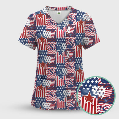 Patriotic USA Star Patchwork Pattern Scrub Top, Comfortable Scrubs for Nurses