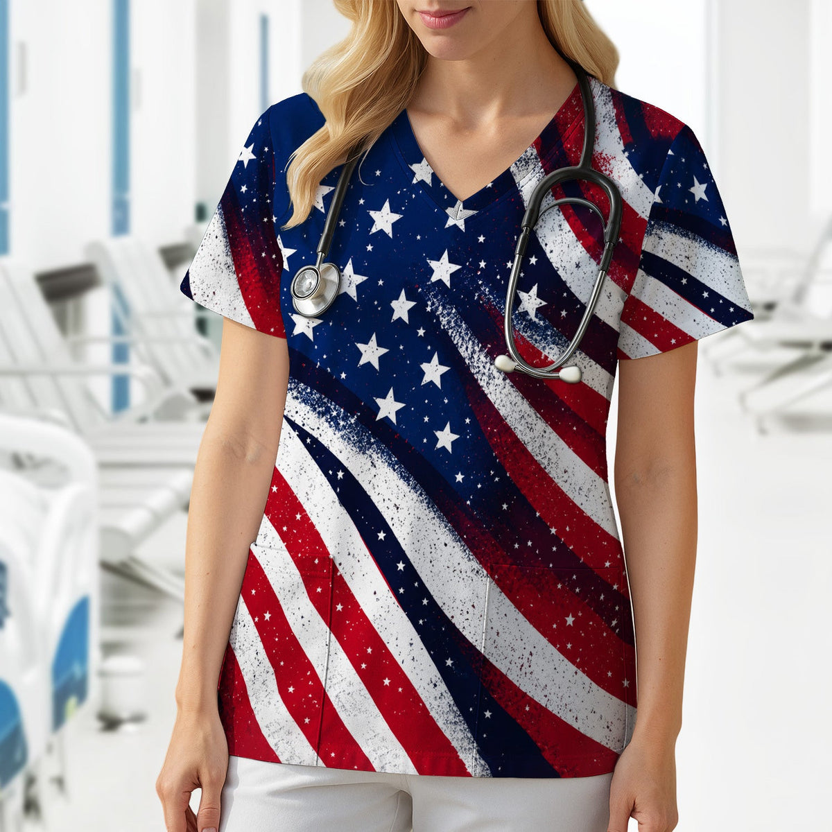 Festive American Flag Stars Pattern Scrub Top, Comfortable Scrubs for Nurses