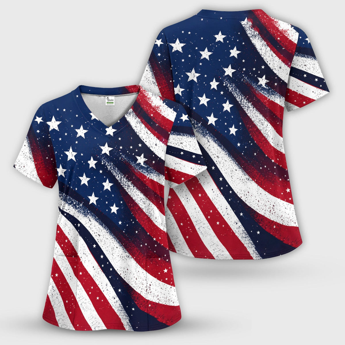 Festive American Flag Stars Pattern Scrub Top, Comfortable Scrubs for Nurses