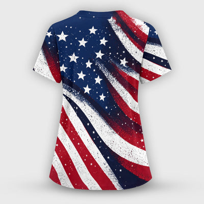 Festive American Flag Stars Pattern Scrub Top, Comfortable Scrubs for Nurses