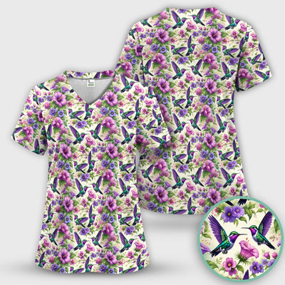 Purple Hummingbird Hibiscus Floral Pattern Scrub Top, Comfortable Scrubs for Nurses