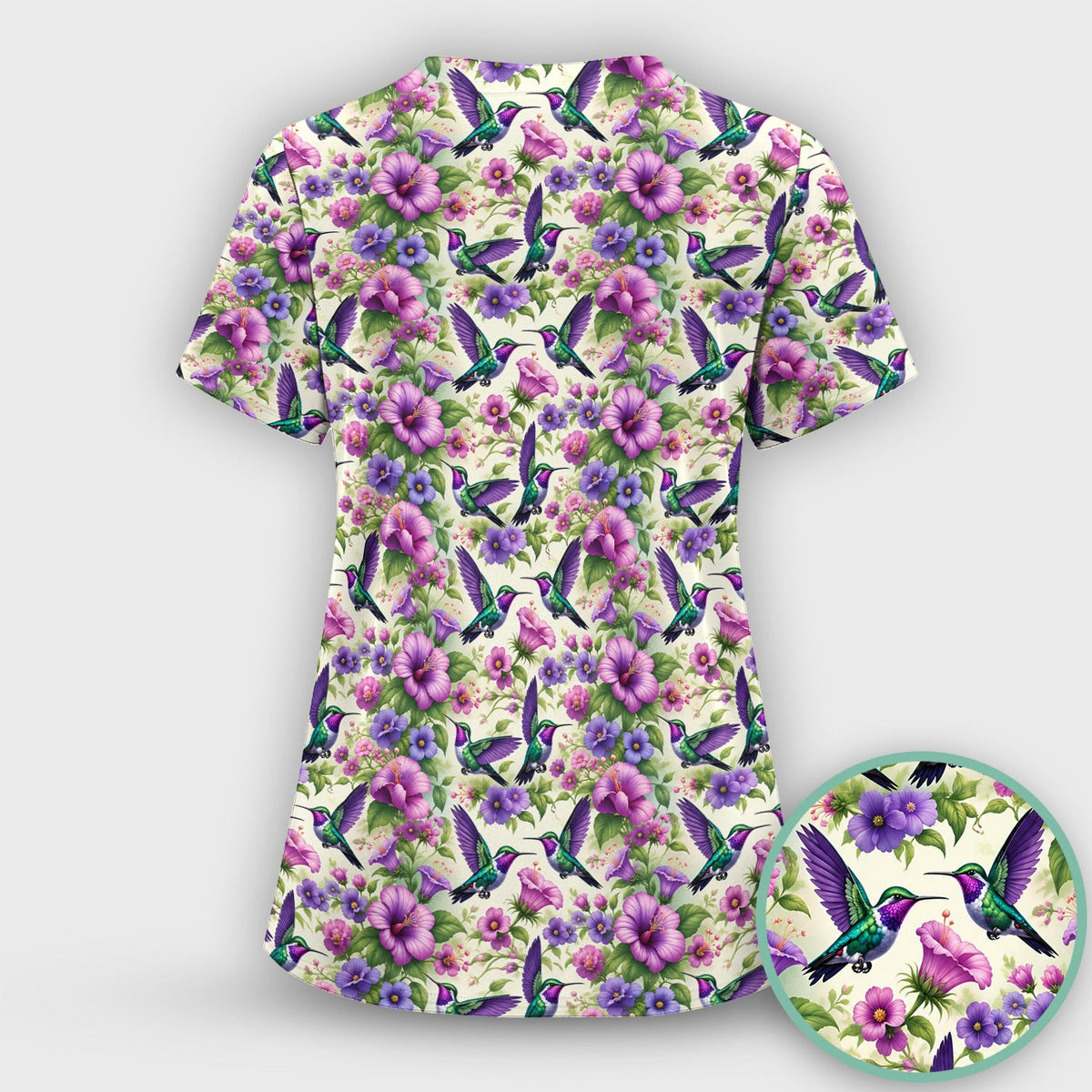 Purple Hummingbird Hibiscus Floral Pattern Scrub Top, Comfortable Scrubs for Nurses