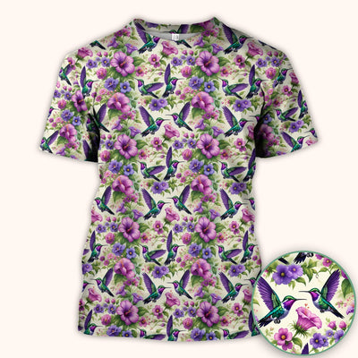 Purple Hummingbird Hibiscus Floral Pattern Scrub Top, Comfortable Scrubs for Nurses