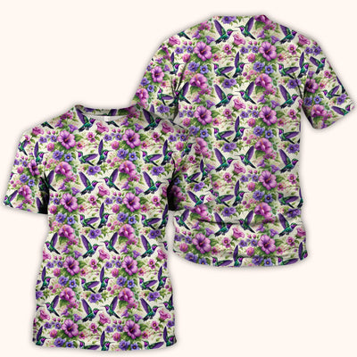 Purple Hummingbird Hibiscus Floral Pattern Scrub Top, Comfortable Scrubs for Nurses