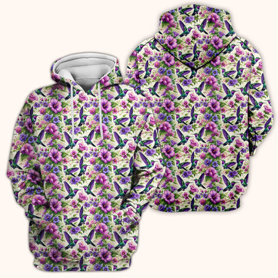 Purple Hummingbird Hibiscus Floral Pattern Scrub Top, Comfortable Scrubs for Nurses