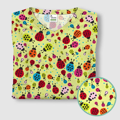 Colorful Ladybug Garden Pattern Scrub Top, Comfortable Scrubs for Nurses