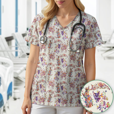 Whimsical Floral Cat Garden Pattern Scrub Top, Comfortable Scrubs for Nurses