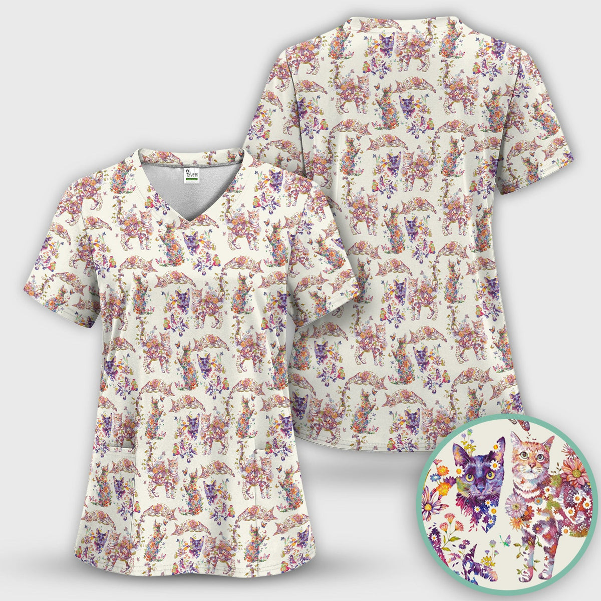Whimsical Floral Cat Garden Pattern Scrub Top, Comfortable Scrubs for Nurses