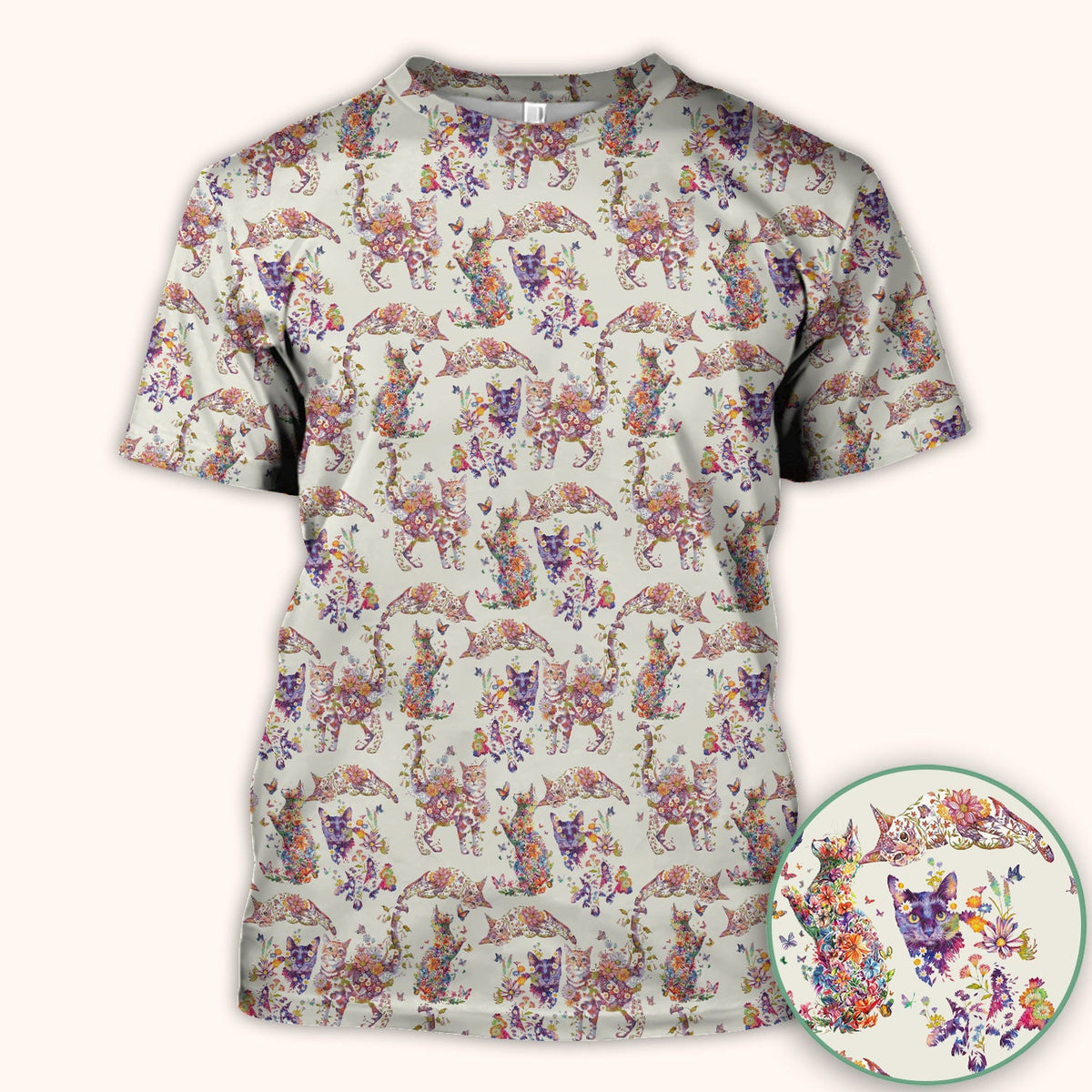 Whimsical Floral Cat Garden Pattern Scrub Top, Comfortable Scrubs for Nurses
