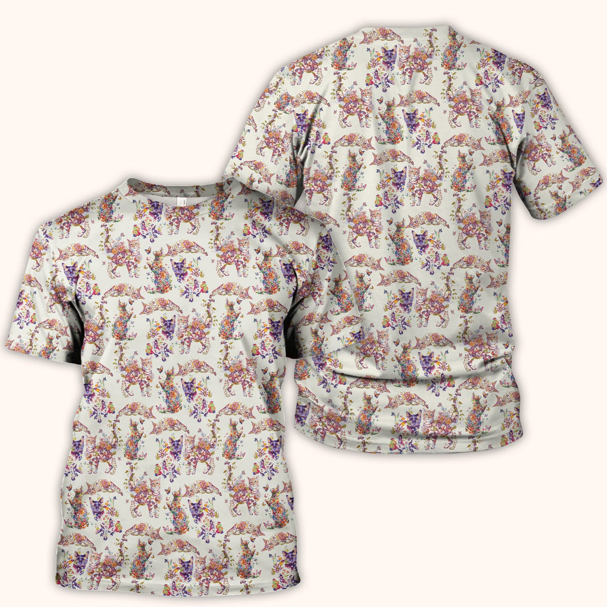 Whimsical Floral Cat Garden Pattern Scrub Top, Comfortable Scrubs for Nurses