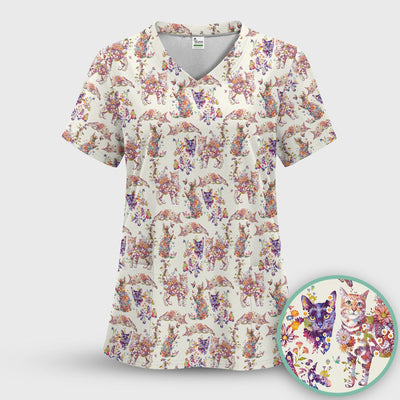 Whimsical Floral Cat Garden Pattern Scrub Top, Comfortable Scrubs for Nurses