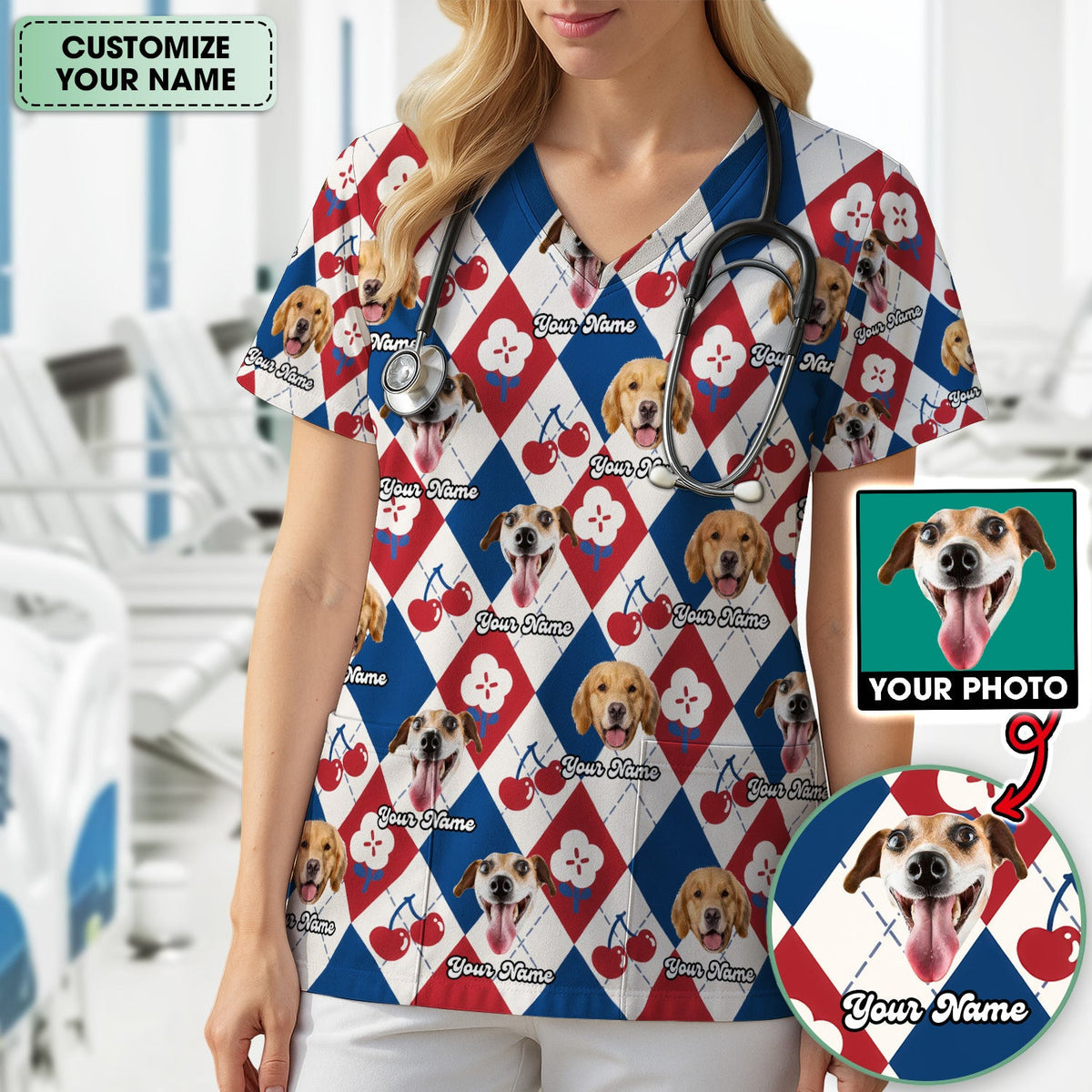 Custom Dog Face Scrub Top, Playful Dog Cherry Argyle Pattern Shirt, Comfortable Scrubs for Nurses