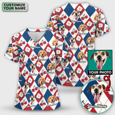 Custom Dog Face Scrub Top, Playful Dog Cherry Argyle Pattern Shirt, Comfortable Scrubs for Nurses