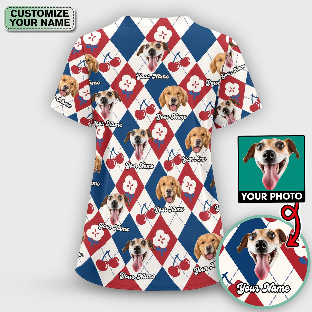 Custom Dog Face Scrub Top, Playful Dog Cherry Argyle Pattern Shirt, Comfortable Scrubs for Nurses