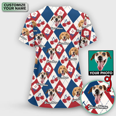 Custom Dog Face Scrub Top, Playful Dog Cherry Argyle Pattern Shirt, Comfortable Scrubs for Nurses