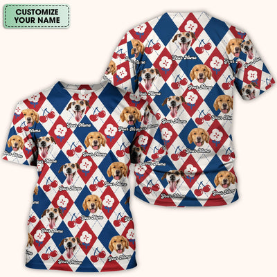 Custom Dog Face Scrub Top, Playful Dog Cherry Argyle Pattern Shirt, Comfortable Scrubs for Nurses