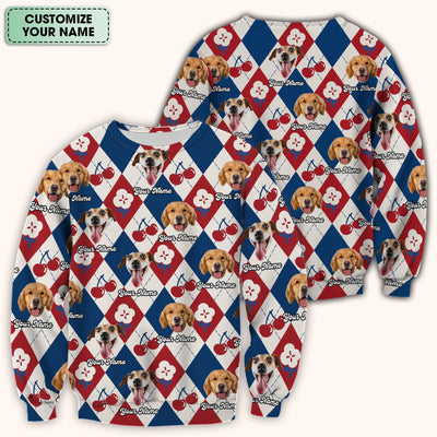 Custom Dog Face Scrub Top, Playful Dog Cherry Argyle Pattern Shirt, Comfortable Scrubs for Nurses