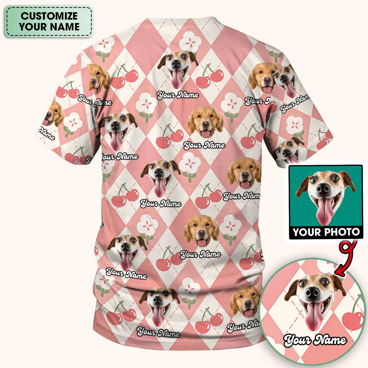 Custom Dog Face Scrub Top, Playful Dog Cherry Argyle Pattern Shirt, Comfortable Scrubs for Nurses