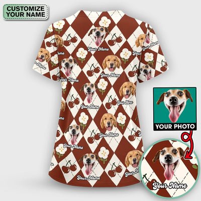 Custom Dog Face Scrub Top, Playful Dog Cherry Argyle Pattern Shirt, Comfortable Scrubs for Nurses