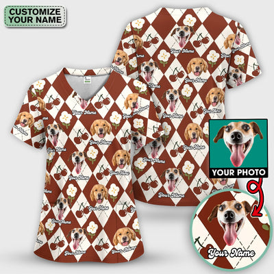 Custom Dog Face Scrub Top, Playful Dog Cherry Argyle Pattern Shirt, Comfortable Scrubs for Nurses