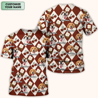 Custom Dog Face Scrub Top, Playful Dog Cherry Argyle Pattern Shirt, Comfortable Scrubs for Nurses