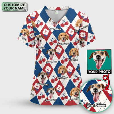 Custom Dog Face Scrub Top, Playful Dog Cherry Argyle Pattern Shirt, Comfortable Scrubs for Nurses
